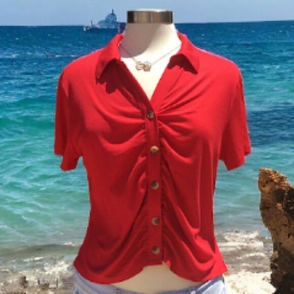 WOMEN RED BLOUSE SIZE XXL TOP T-SHIRT CROP TOP - Picture 1 of 6